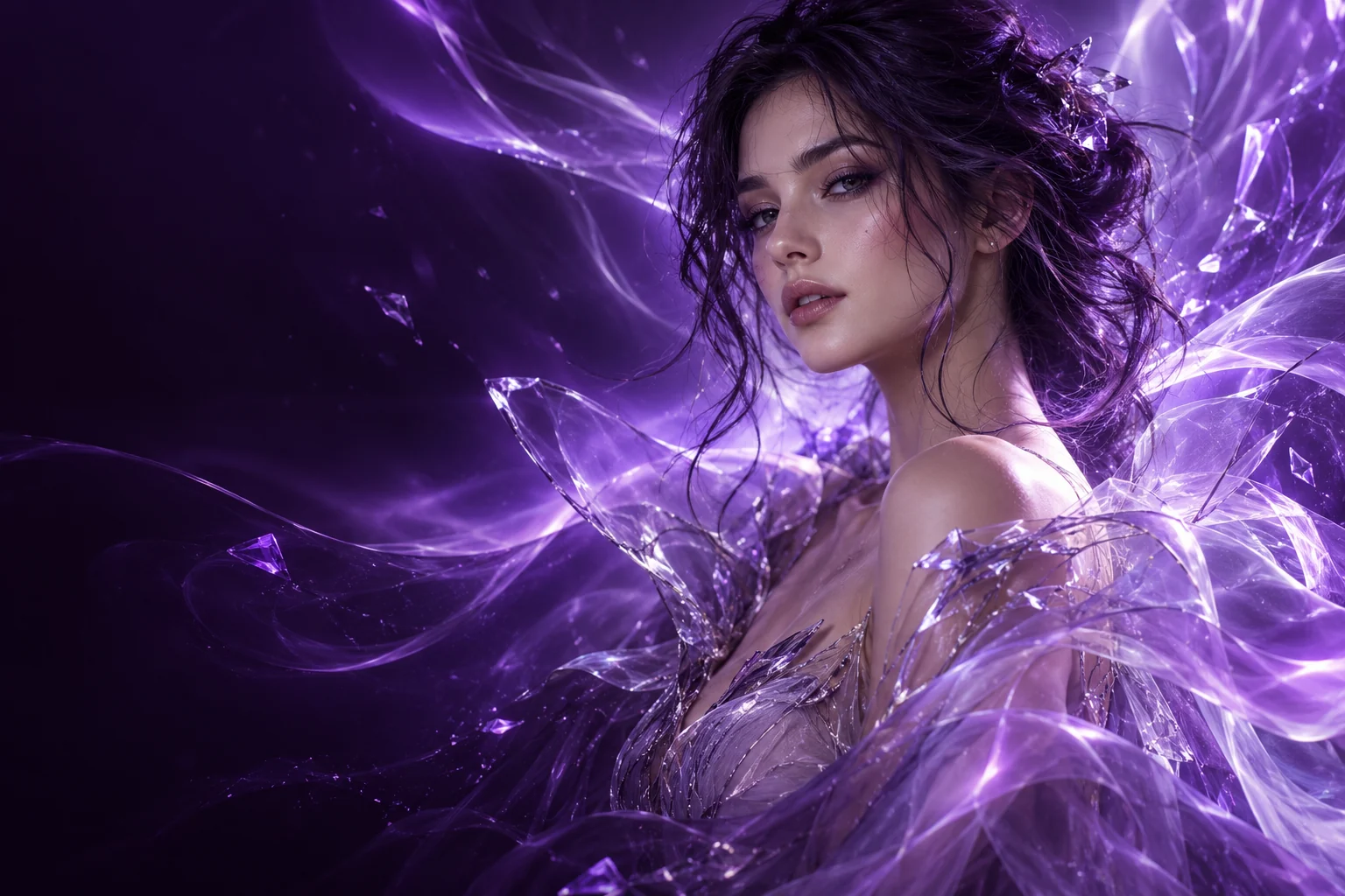 Original fictional character in translucent violet crystal couture