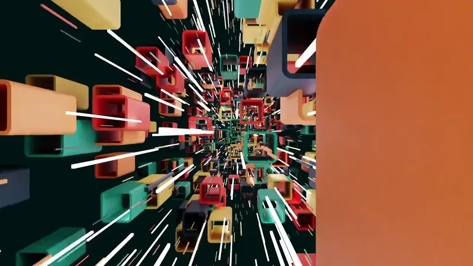 Dynamic 3D tunnel animation with colorful geometric shapes and neon lights.