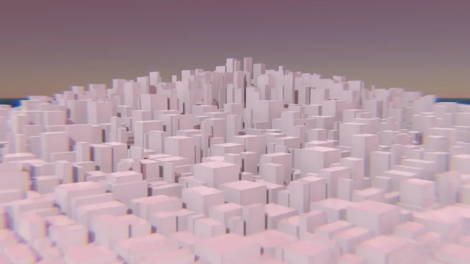 Dynamic 3D animation of a futuristic cityscape with white buildings.