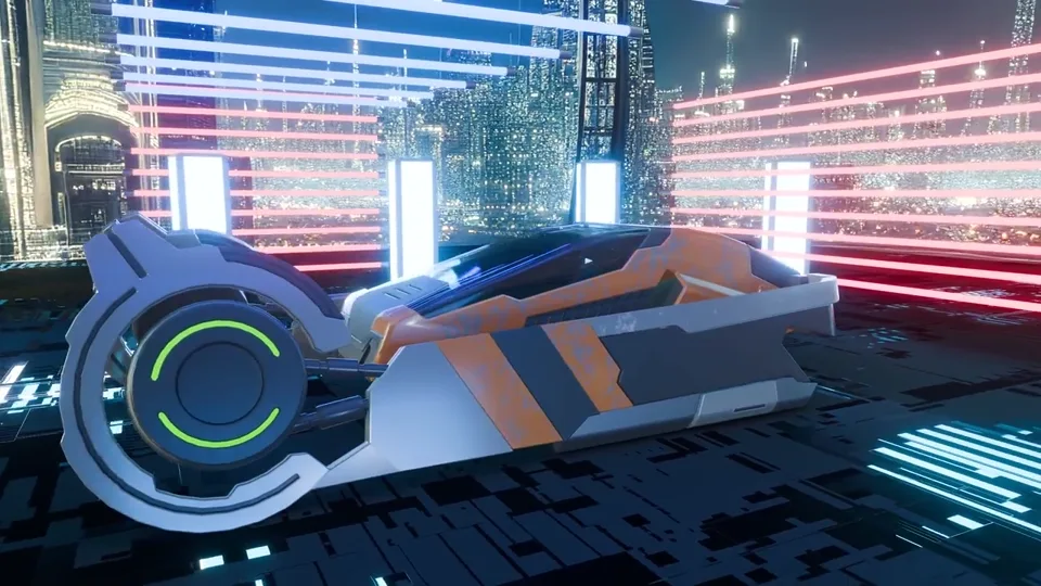 A sleek hover car glides through a vibrant, neon-lit futuristic city.