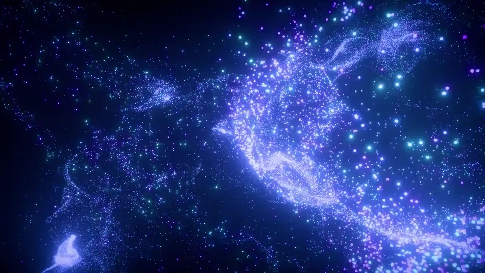 Flowing cosmic particles create abstract blue and purple visuals.